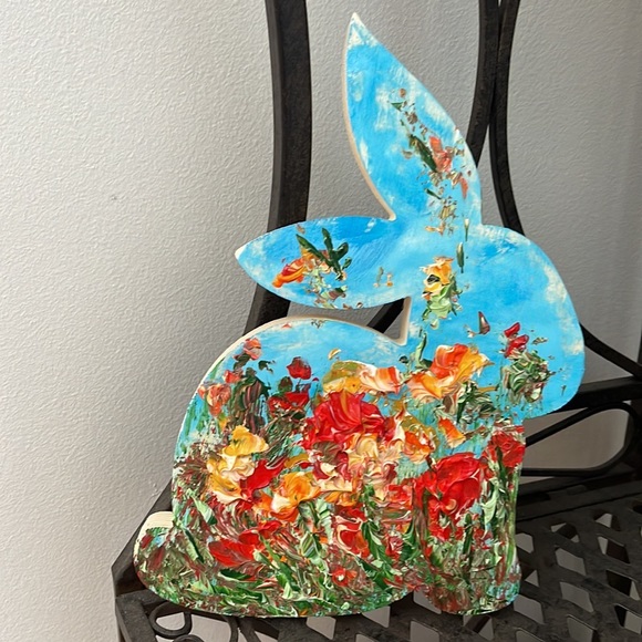 Other - GIFT IDEA HAND PAINTED IMPASTO FLORAL ON A SOLID WOOD RABBIT